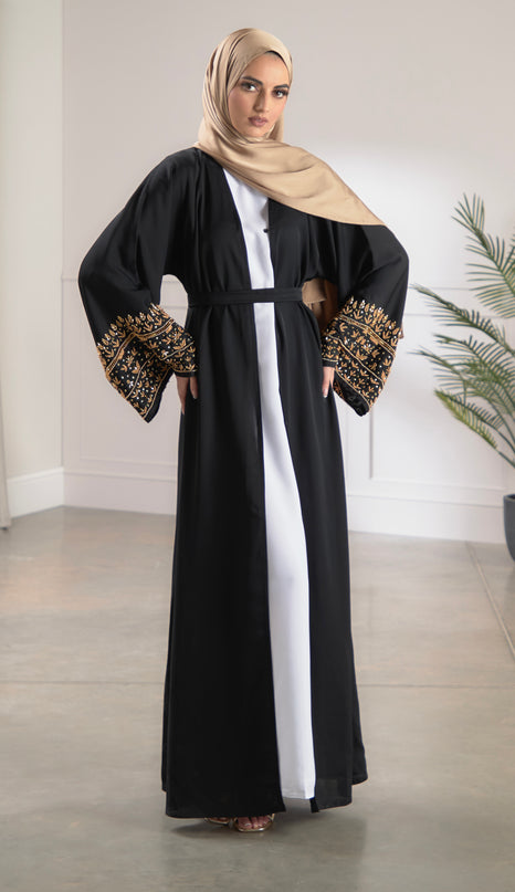 black abaya with gold embellished sleeves