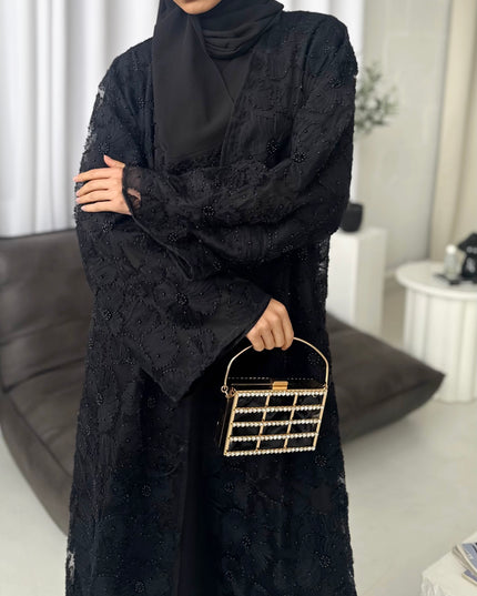 black net floral abaya with inner slip dress