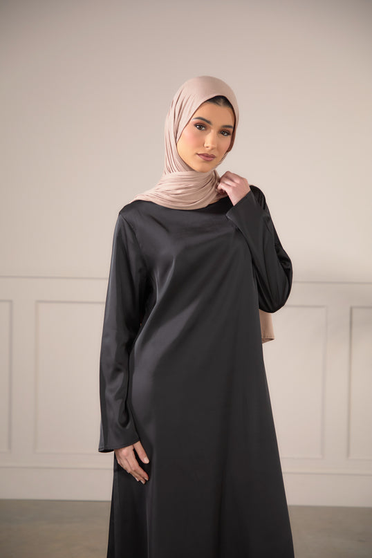 Satin FULL SLEEVE Slip Dress - Black