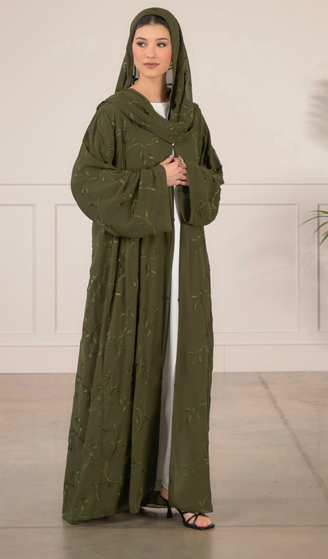 Leaf Embroidered Abaya With Matching Hijab - Forest Green