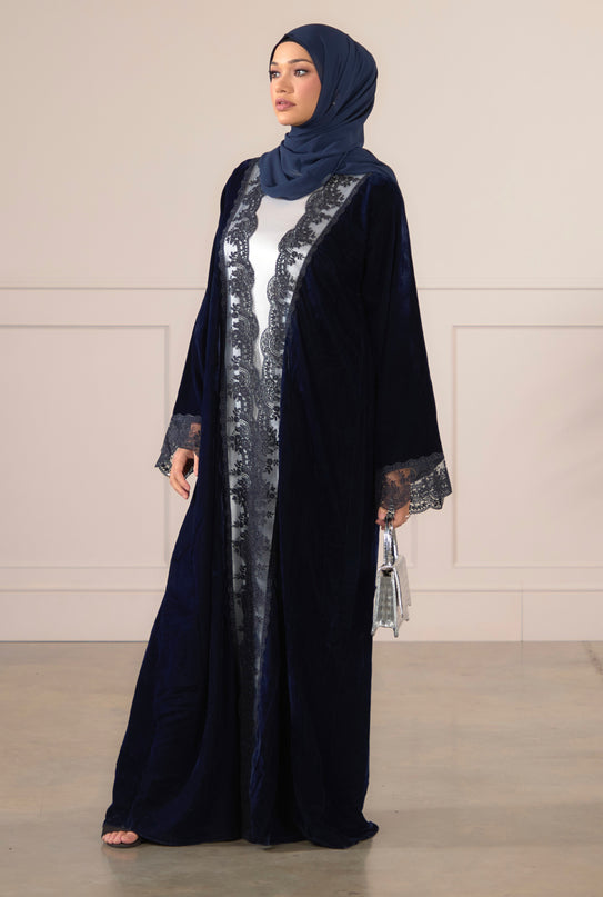 Navy Velvet Lace Abaya