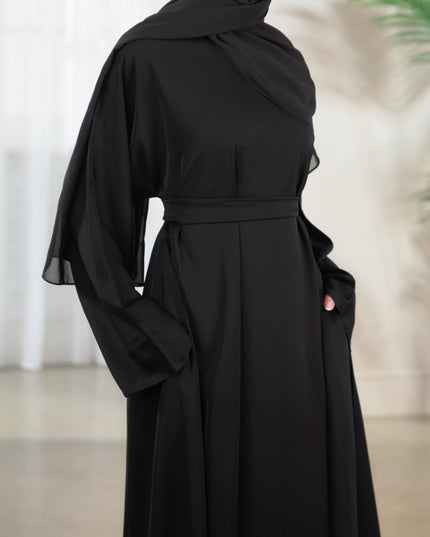 Casual Abaya with Pockets and Matching Hijab - Black