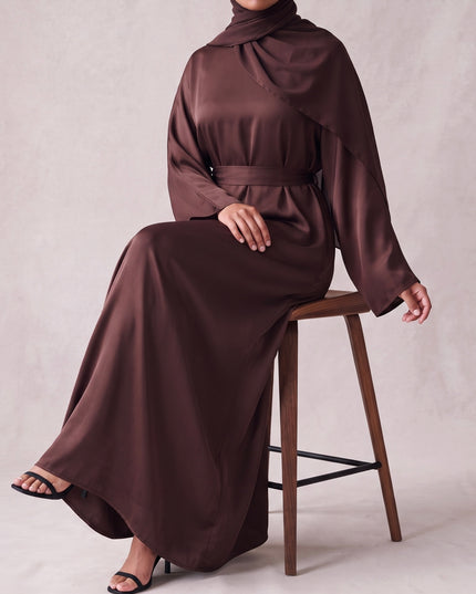 Casual Abaya with Pockets and Matching Hijab - Walnut