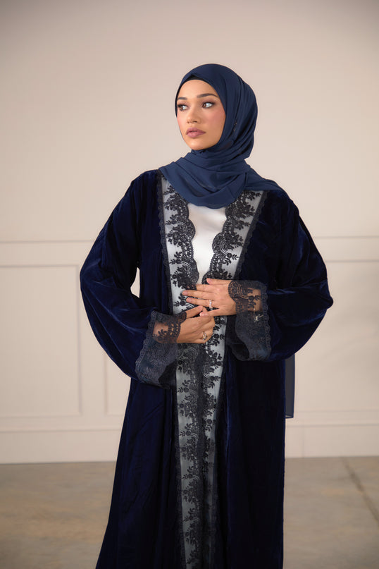 Navy Velvet Lace Abaya