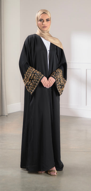 black abaya with gold embellished sleeves