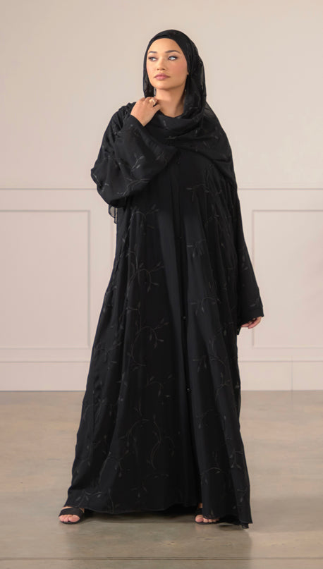 Leaf Embroidered Abaya With Matching Hijab - Black