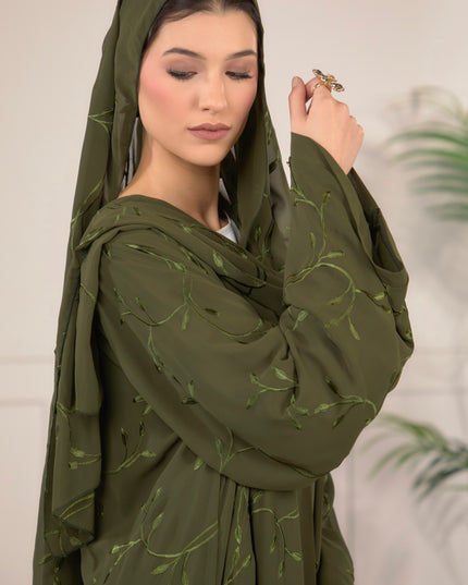 Leaf Embroidered Abaya With Matching Hijab - Forest Green