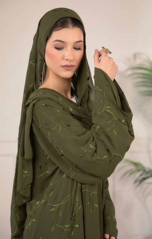 Leaf Embroidered Abaya With Matching Hijab - Forest Green