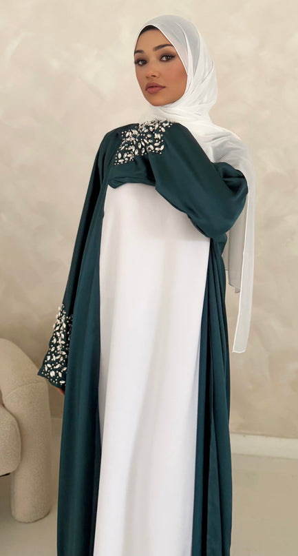 teal abaya with slitted stone embellished sleeves