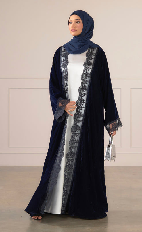 Navy Velvet Lace Abaya