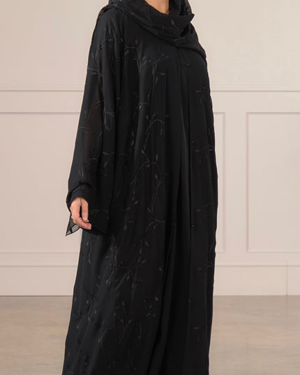 Leaf Embroidered Abaya With Matching Hijab - Black