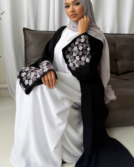 black abaya with purple/silver embellished sleeves