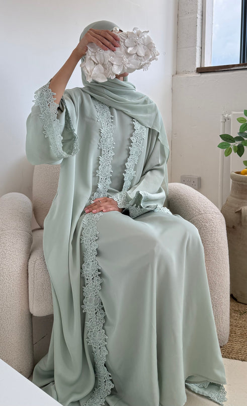 Bloom Lace Abaya Set - Mint