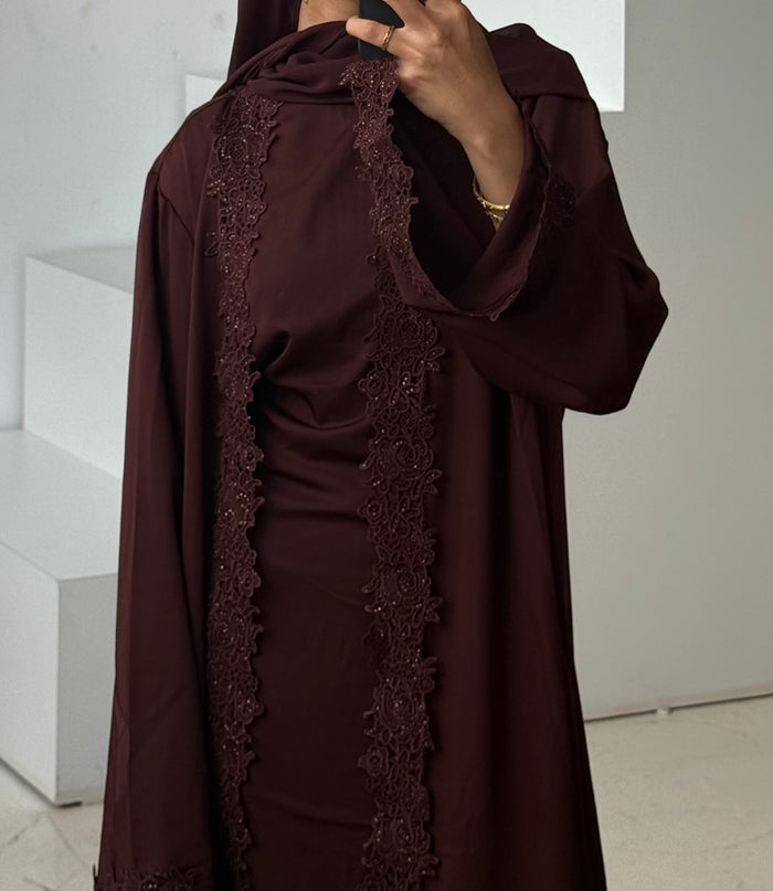 Bloom Lace Abaya Set - Chocolate
