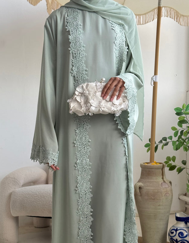 Bloom Lace Abaya Set - Mint